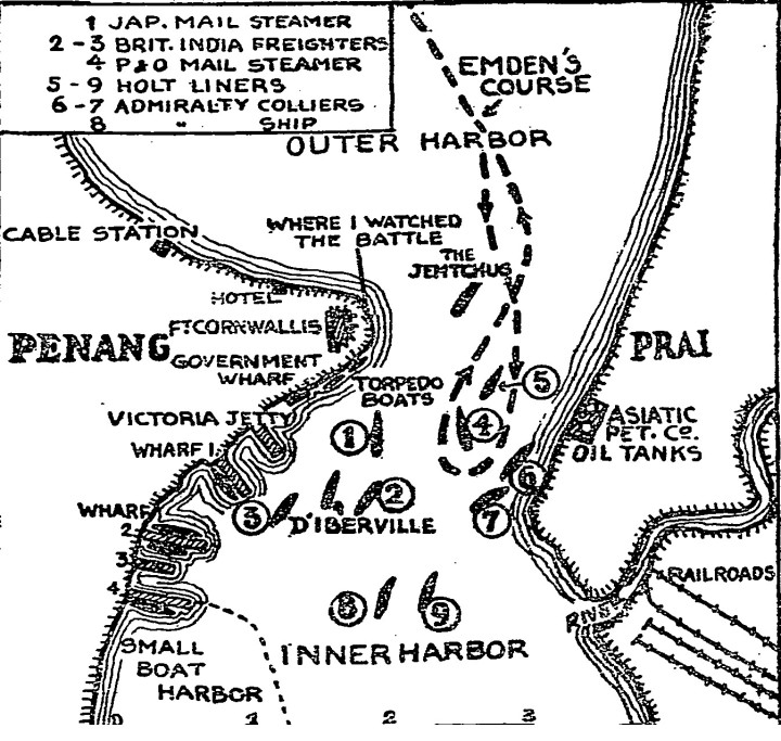 Map of the Battle of Penang, from the New York Times (December 1914)